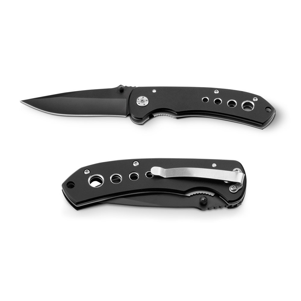 Canivete em aço inox e metal com fecho de segurança SP-94036-103 na cor Preto