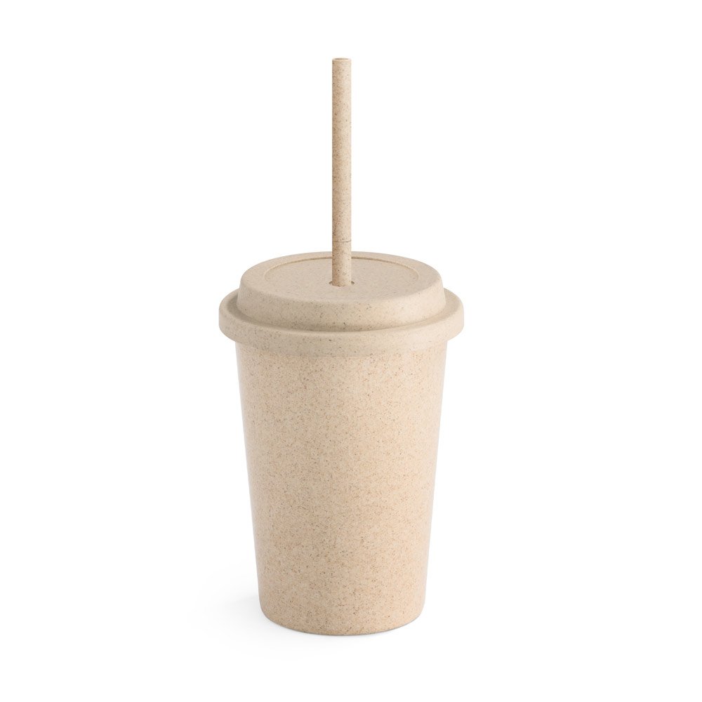 Copo de viagem em fibra de bambu (60%) e PP (40%) com tampa e canudo (450 mL) SP-94068-150 na cor Natural claro
