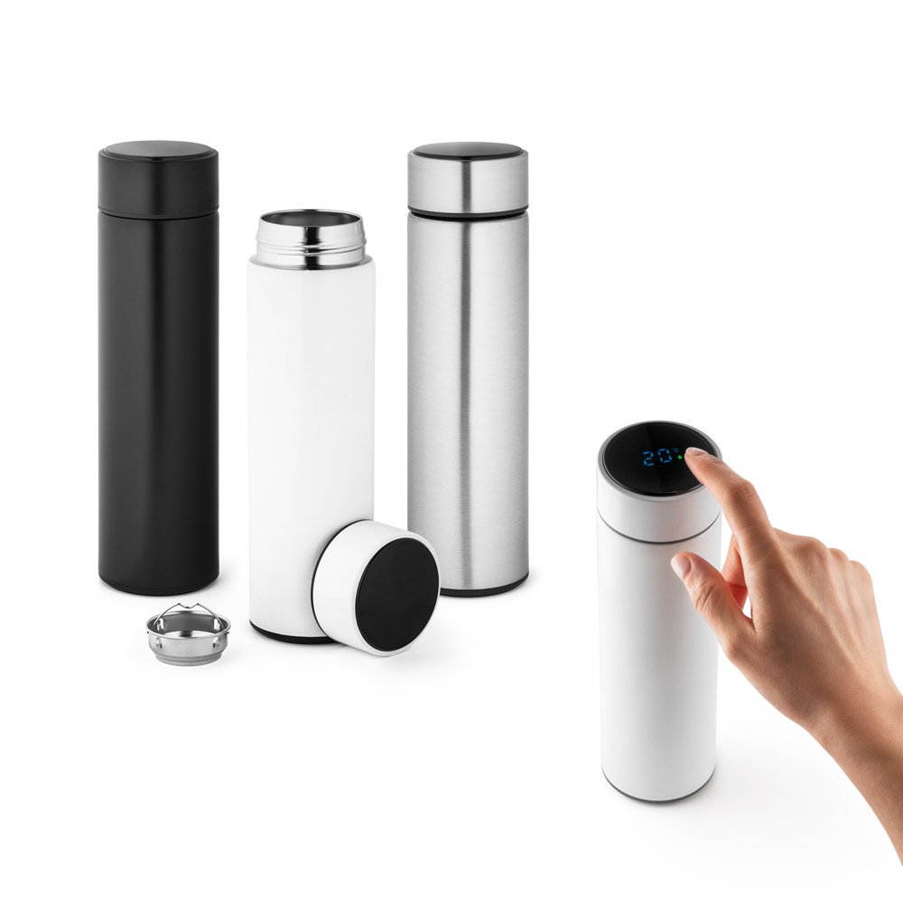 Garrafa térmica em aço inox de parede dupla isolada a vácuo, com termômetro digital (450 mL) SP-94069-127 na cor Cromado satinado