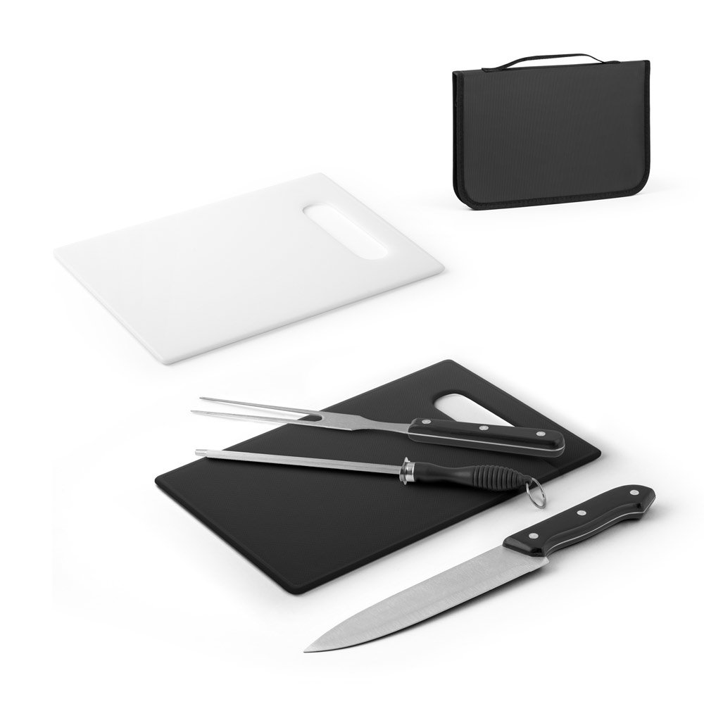 Kit churrasco em estojo em 210D com peças em aço inox e PP SP-94102-103 na cor Preto
