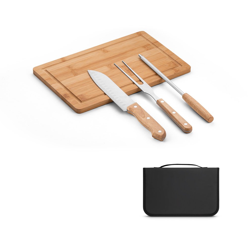 Kit churrasco em estojo de 210D com tábua em bambu e 3 utensílios em aço inox e madeira de Seringueira SP-94107-103 na cor Preto