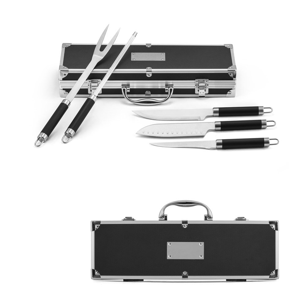 Kit churrasco em estojo de alumínio com 5 utensílios em aço inox e alumínio SP-94109-103 na cor Preto
