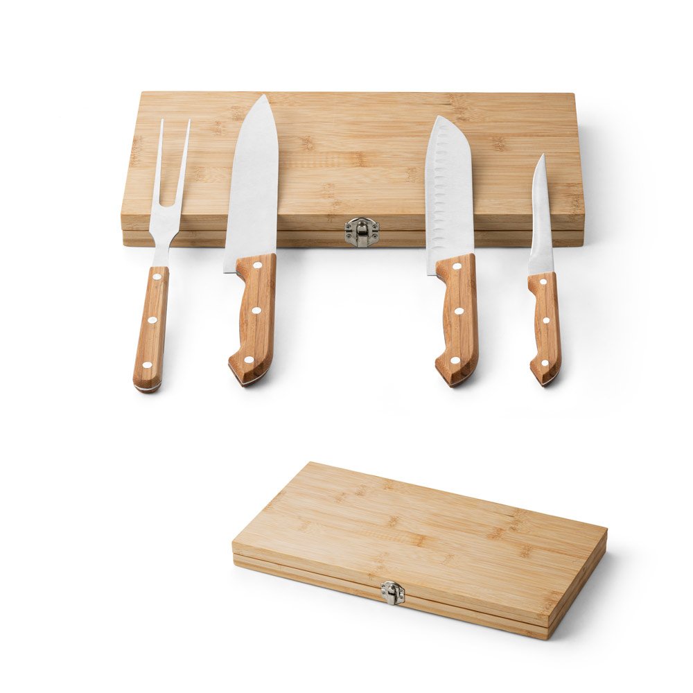 Kit churrasco em caixa bambu com 4 utensílios em aço inox e bambu SP-94111-160 na cor Natural