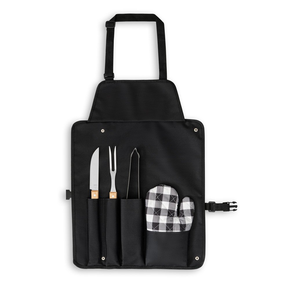 Kit churrasco com 3 utensílios em aço inox e madeira de Seringueira e luva SP-94112-103 na cor Preto