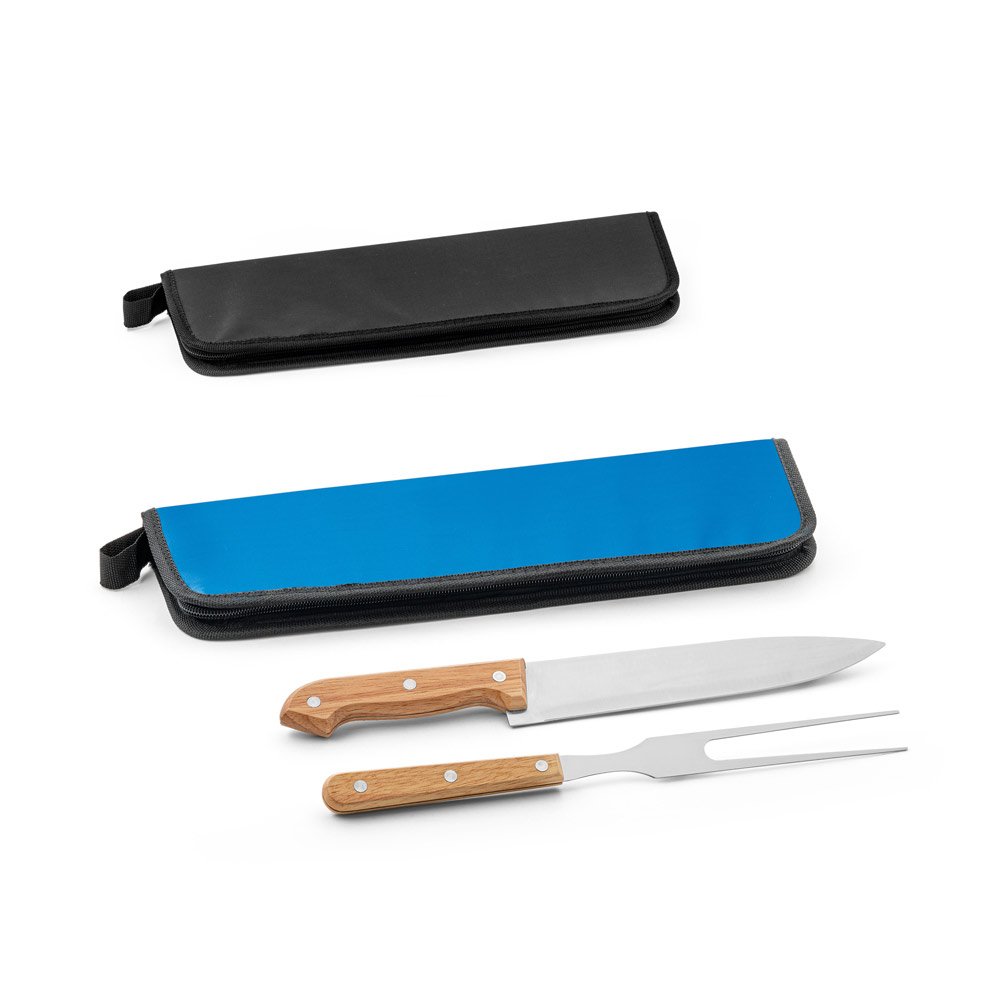 Kit churrasco em estojo de 210D com 2 utensílios em aço inox e madeira Seringueira SP-94138-105 na cor Vermelho