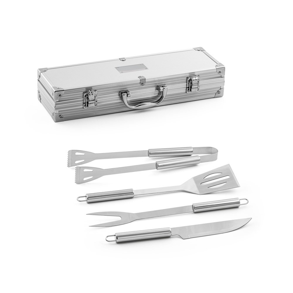 Kit churrasco em estojo de alumínio com 4 utensílios em aço inox SP-94141-127 na cor Cromado satinado