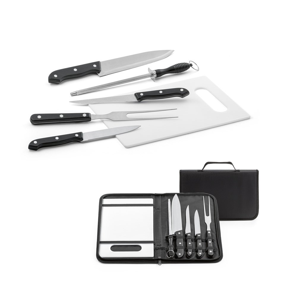 Kit churrasco em estojo de nylon 210D com tábua em PP e 5 utensílios em aço inox e PP SP-94144-103 na cor Preto