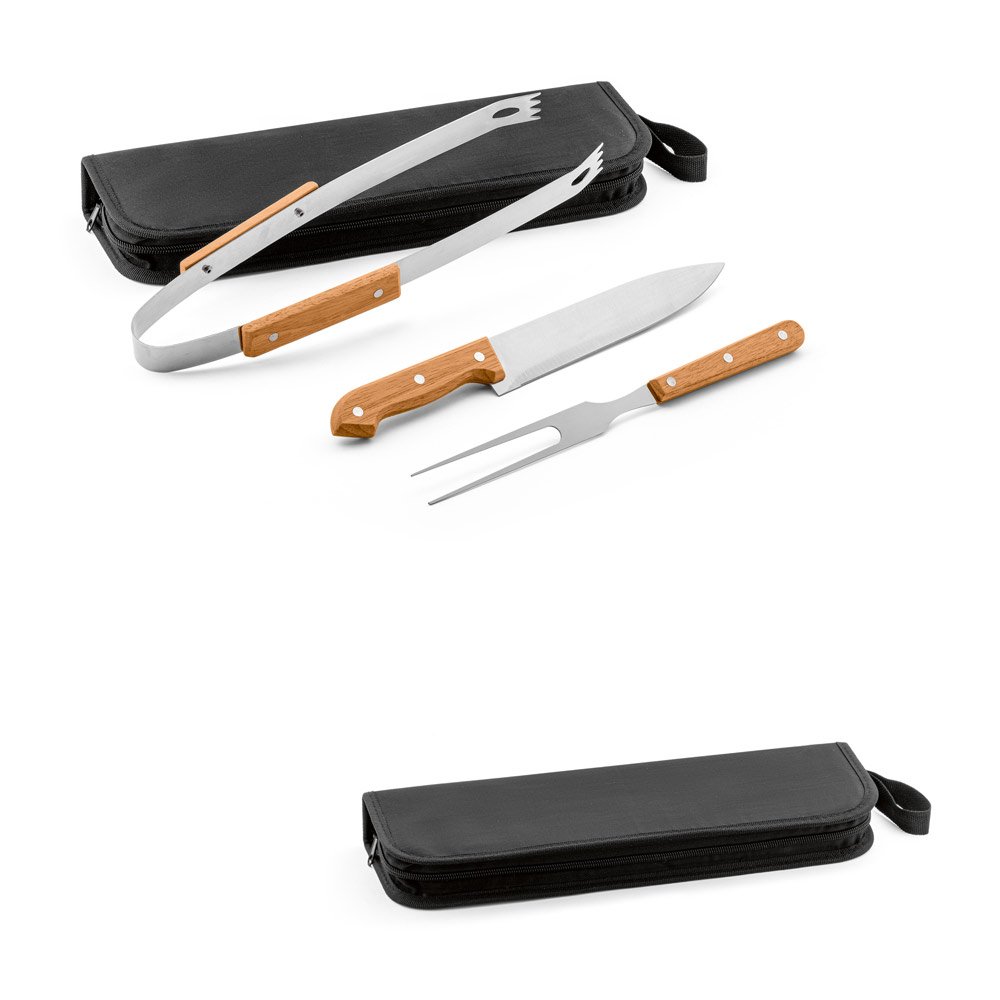 Kit churrasco em estojo de 210D com 3 utensílios em aço inox e madeira de Seringueira SP-94145-103 na cor Preto