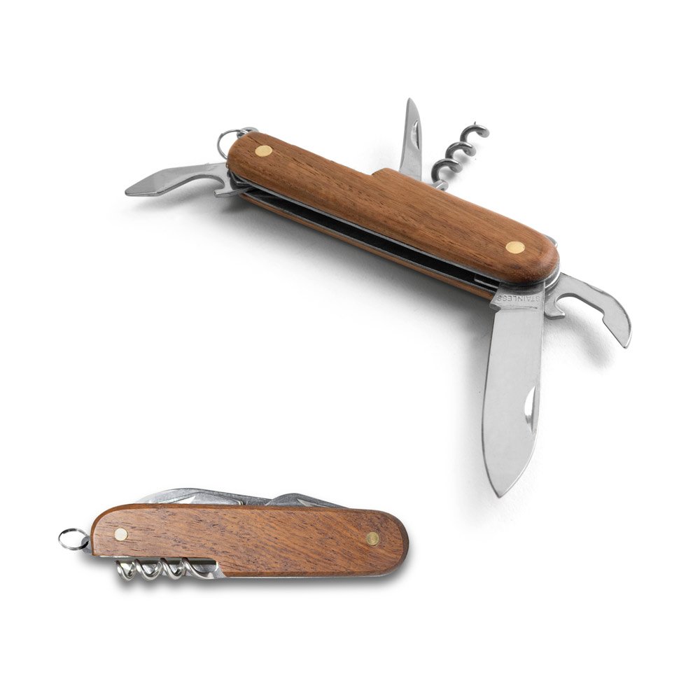 Canivete multifunções com 5 funções em aço inox e madeira SP-94159-160 na cor Natural