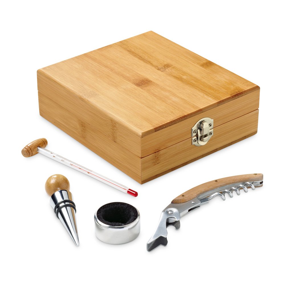 Conjunto para vinho em bambu, inox, vidro e ABS SP-94190-160 na cor Natural