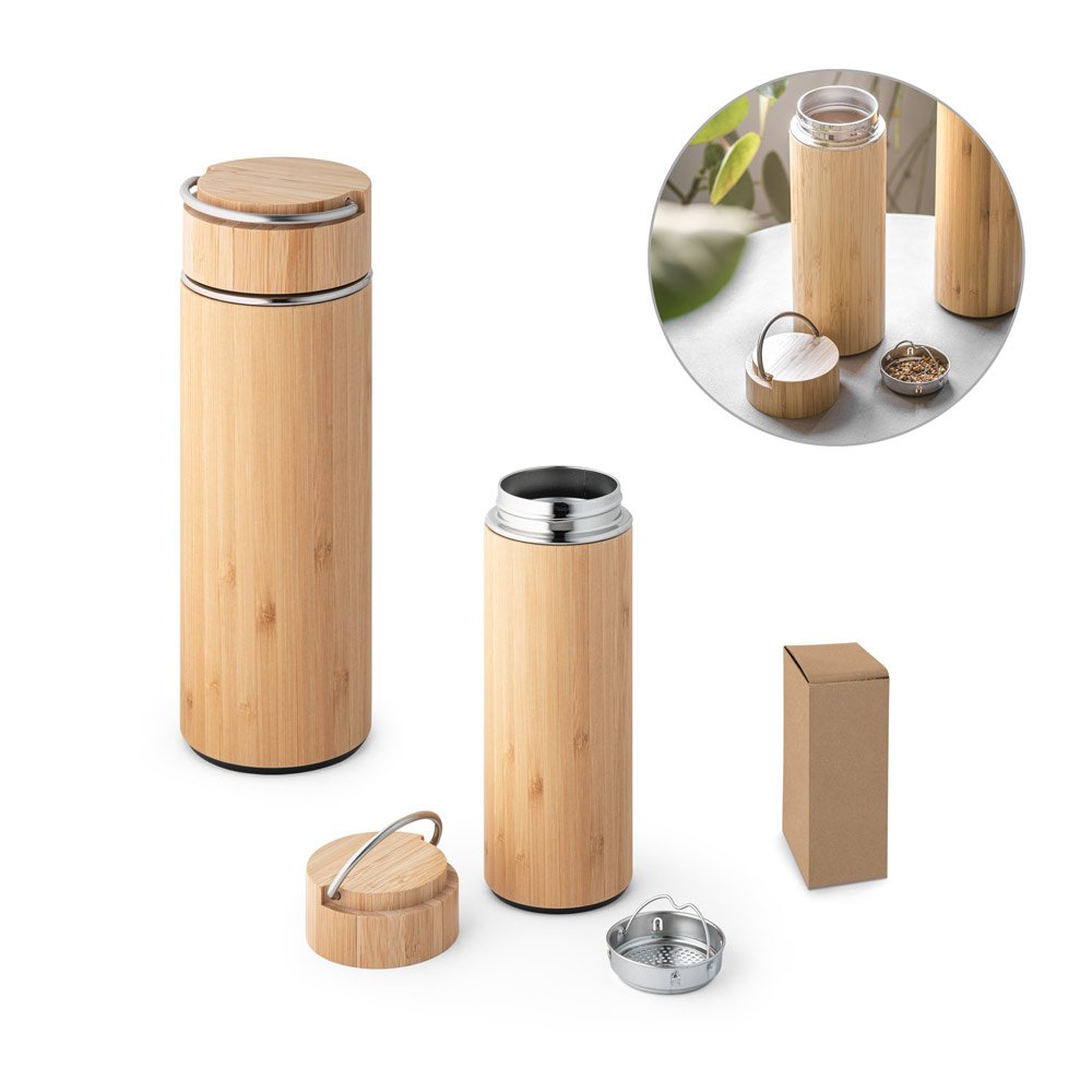 Garrafa térmica em aço inox e bambu, de parede dupla isolada a vácuo (440 mL) SP-94239-160 na cor Natural