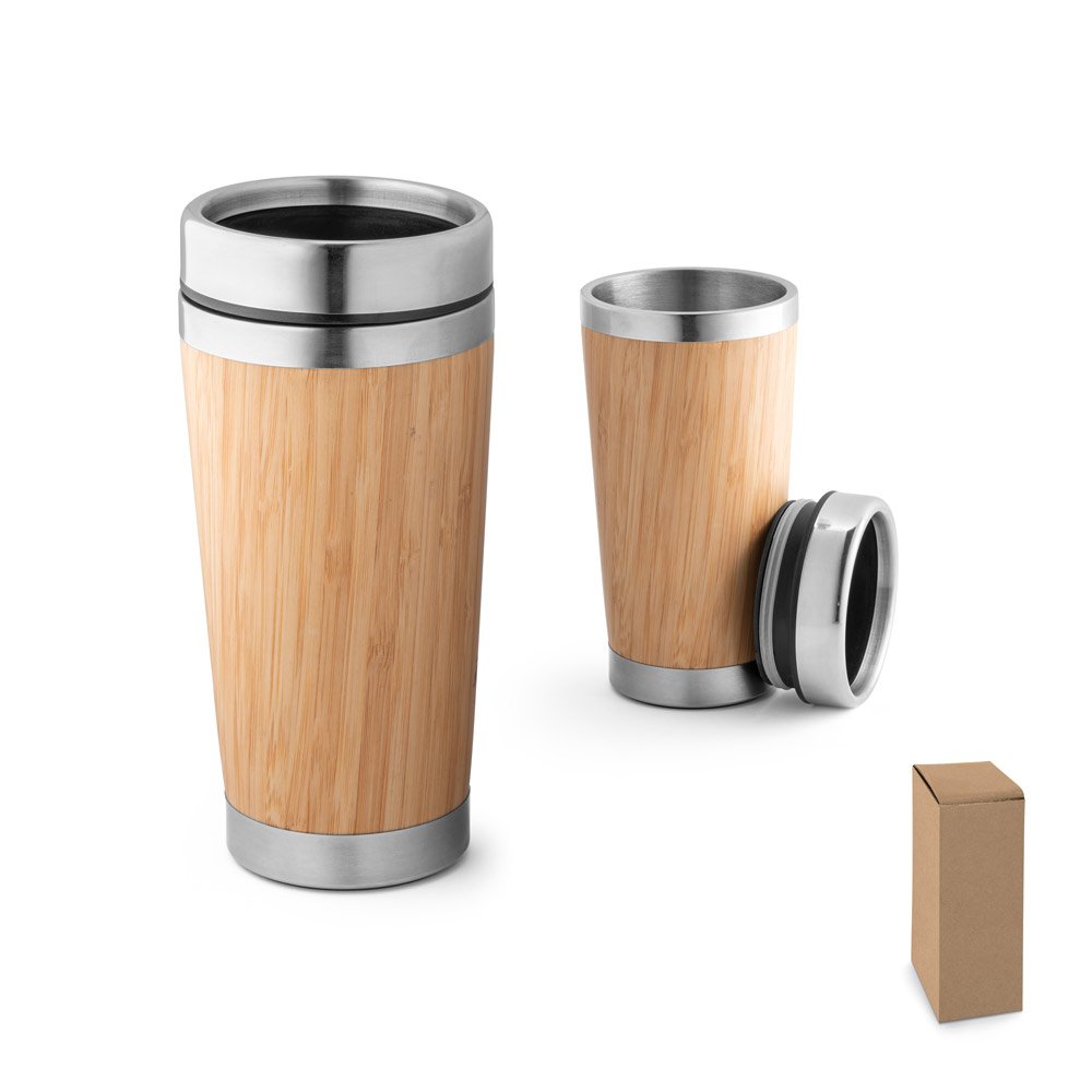 Copo de viagem térmico em aço inox e bambu, de parede dupla isolada a ar (500 mL) SP-94241-160 na cor Natural