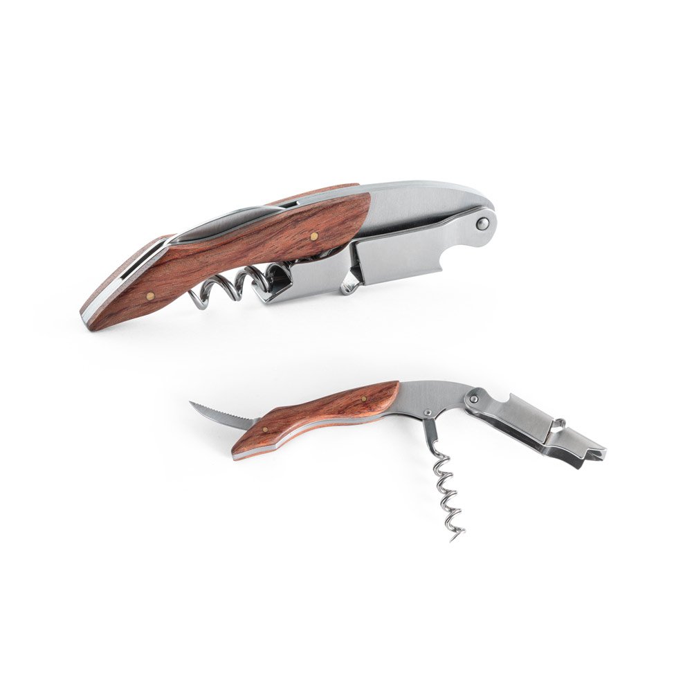Saca-rolhas em madeira e aço inox com sistema de mola SP-94243-170 na cor Natural escuro