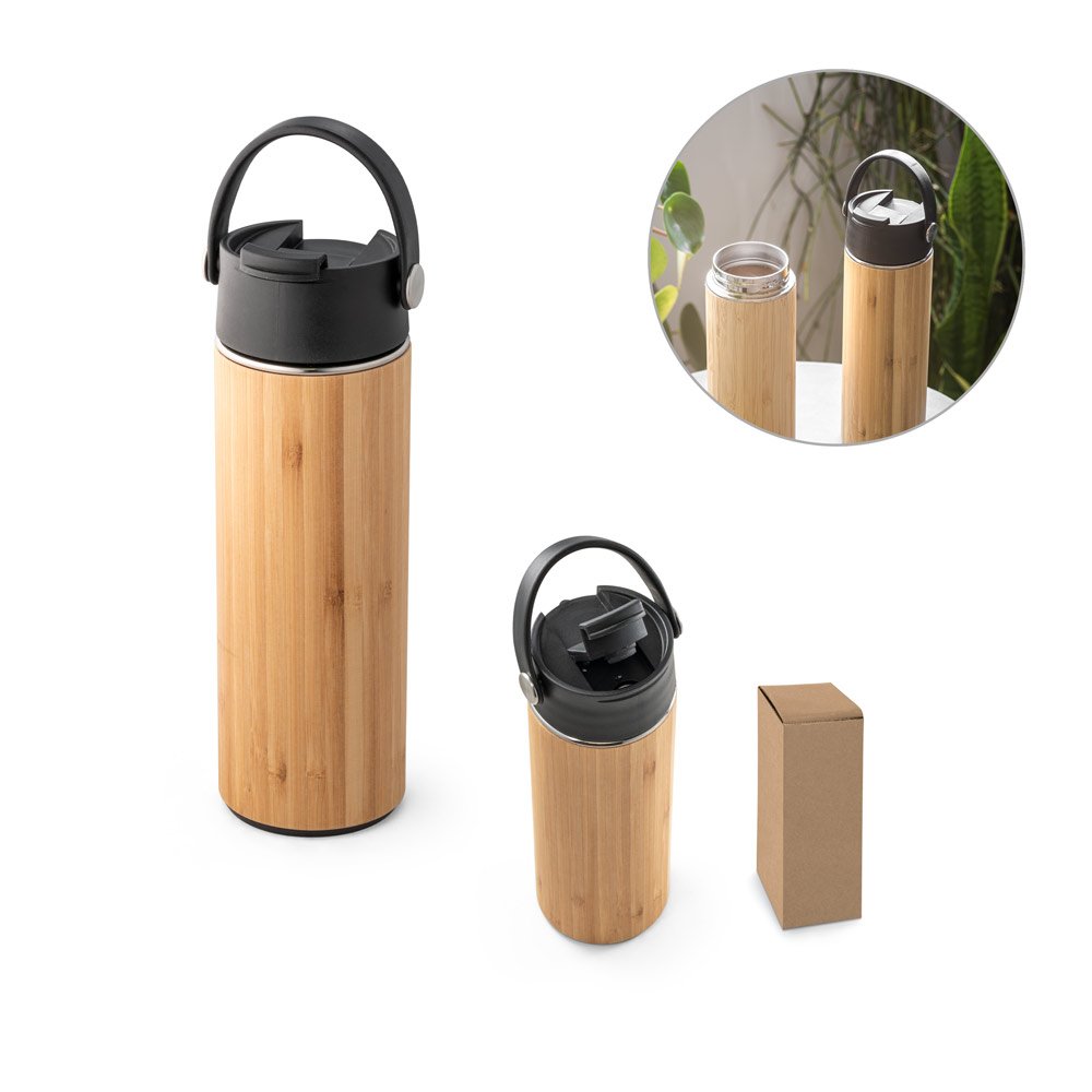 Garrafa térmica em aço inox e bambu, de parede dupla isolada a vácuo (440 mL) SP-94257-103 na cor Preto