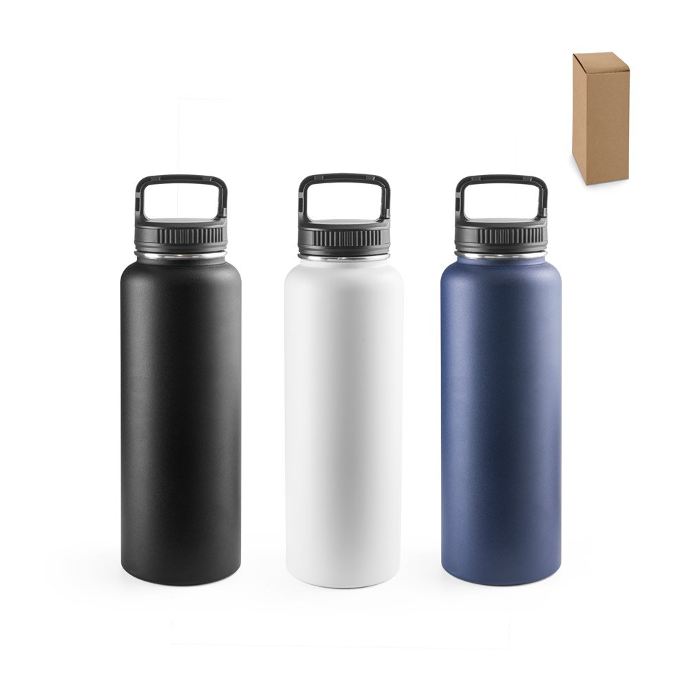 Garrafa esportiva térmica em aço inox 90% reciclado com revestimento em pó (1200 mL) SP-94283-103 na cor Preto