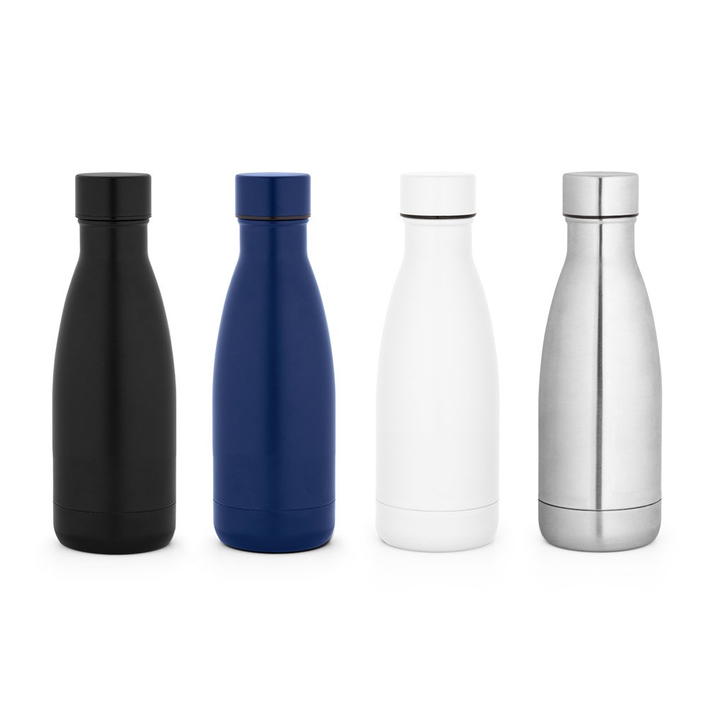 Garrafa térmica em aço inox 90% reciclado de parede dupla isolada a vácuo, com acabamento em mate (400 mL) SP-94284-134 na cor Azul marinho