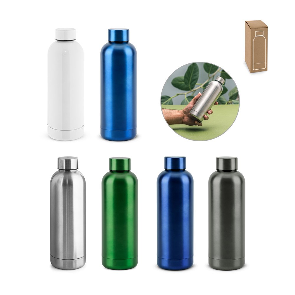 Garrafa térmica em aço inox 90% reciclado de parede dupla isolada a vácuo (550 mL) SP-94288-127 na cor Cromado satinado