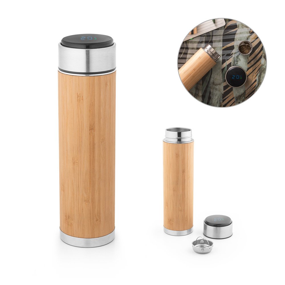 Garrafa térmica em aço inox e bambu, de parede dupla isolada a vácuo, com termómetro digital (430 mL) SP-94296-160 na cor Natural