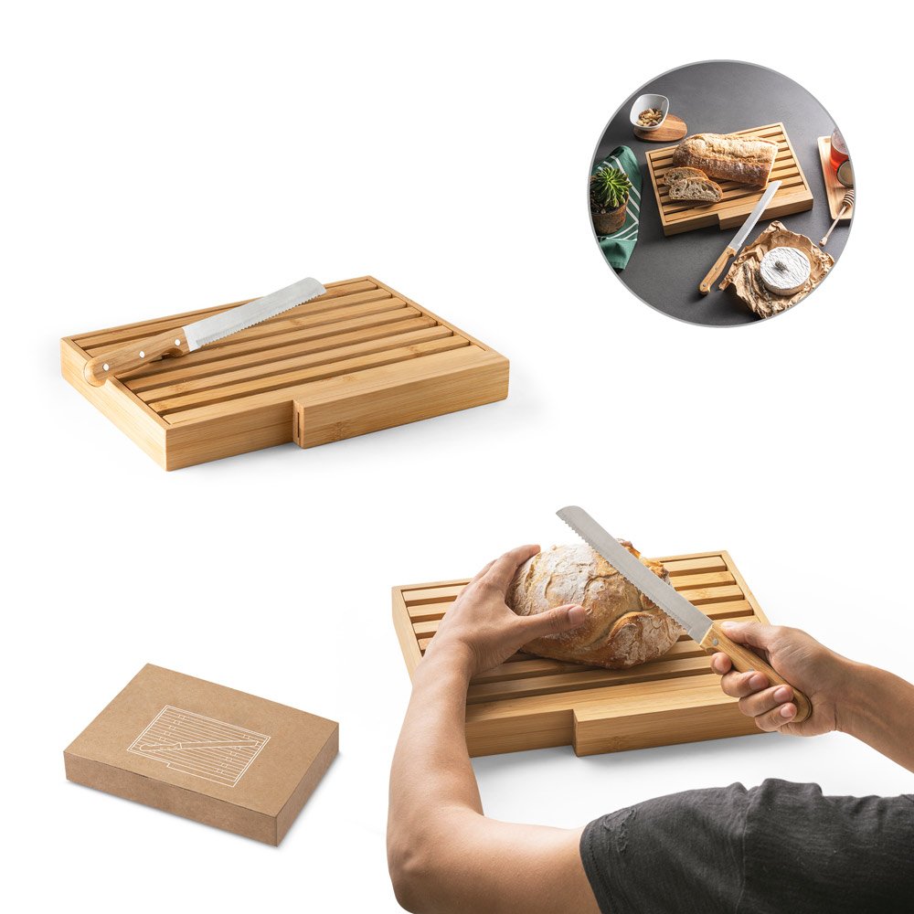 Tábua para pão em bambu com faca em aço inox SP-94321-160 na cor Natural