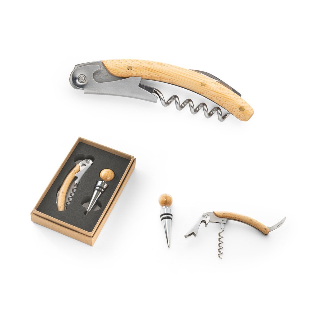 Conjunto de vinho com dois componentes em metal e bambu SP-94328-160 na cor Natural