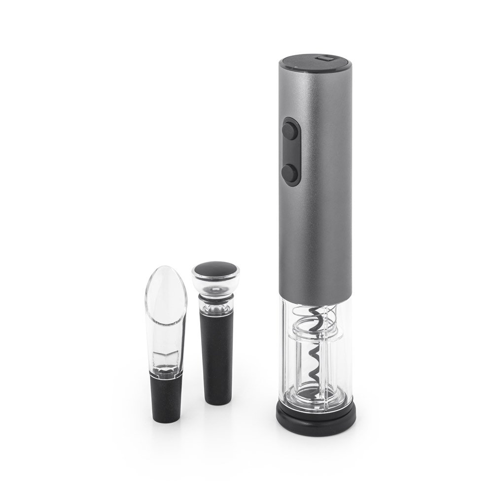 Conjunto de saca-rolhas elétrico em alumínio e acessórios SP-94332-133 na cor Cinza escuro