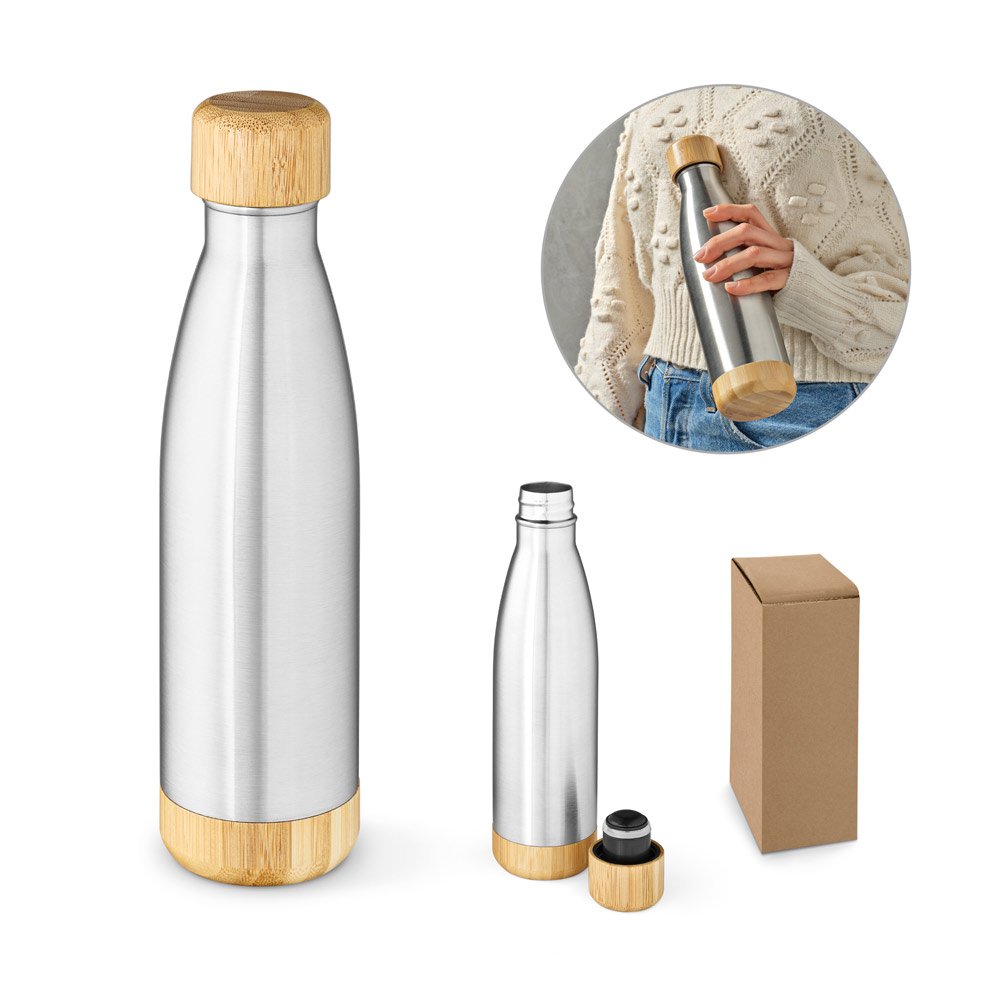 Garrafa térmica em aço inox 90% reciclado de parede dupla isolada a vácuo (550 mL) SP-94336-127 na cor Cromado satinado