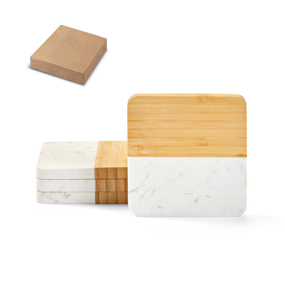 Conjunto de 4 porta copos em mármore e bambu em formato quadrado SP-94338-160 na cor Natural