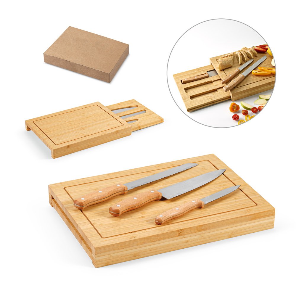 Conjunto de tábuas em bambu com 3 facas inclusas SP-94339-160 na cor Natural