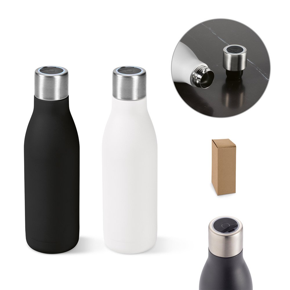 Garrafa térmica em aço inox 90% reciclado de parede dupla com sistema de auto-sanitização UV (500 mL) SP-94343-103 na cor Preto