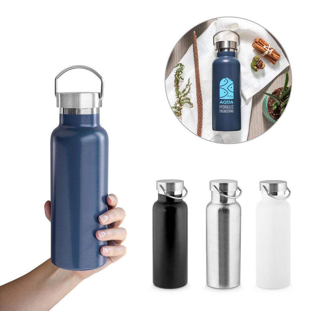 Garrafa térmica em aço inox 36% reciclado de parede dupla isolada a vácuo (810 mL) SP-94345-134 na cor Azul marinho