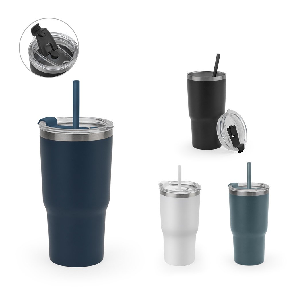 Copo de viagem térmico e compacto, em aço inox 91% reciclado de parede dupla isolada a vácuo, com acabamento mate (600 mL) SP-94372-106 na cor Branco