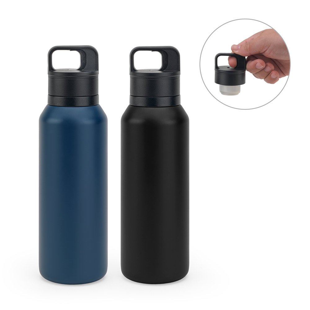 Garrafa térmica em aço inox 91% reciclado com parede dupla isolada a vácuo (590 mL) SP-94376-134 na cor Azul marinho