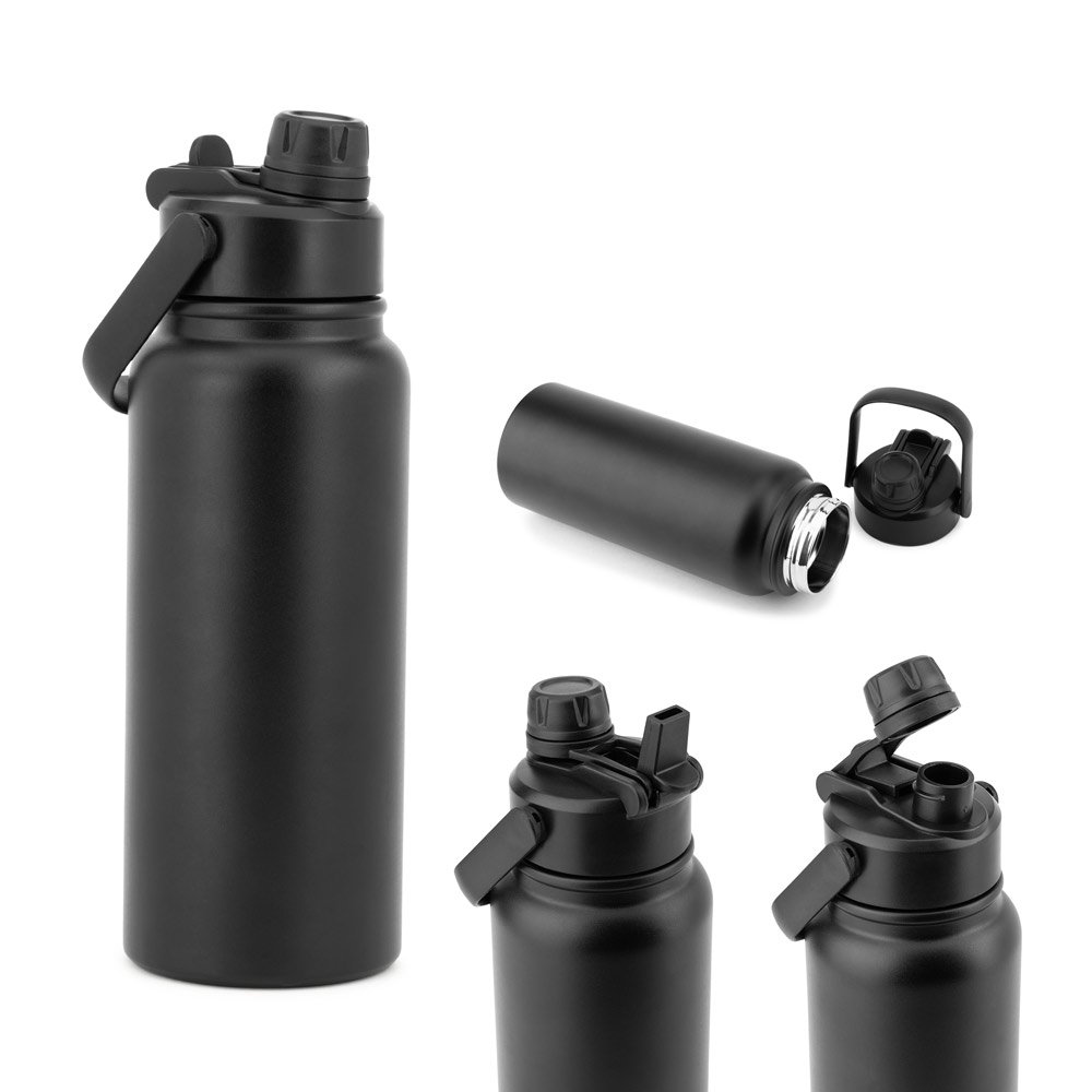 Garrafa em aço inox 90% reciclado, com parede dupla isolada a vácuo (830 mL) SP-94389-103 na cor Preto