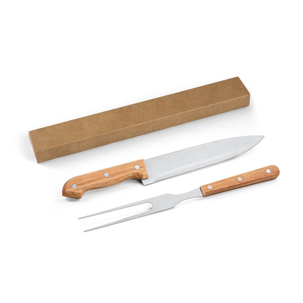 Kit churrasco em caixa presente de papel kraft reciclado com 2 utensílios em aço inox e bambu SP-94399-160 na cor Natural