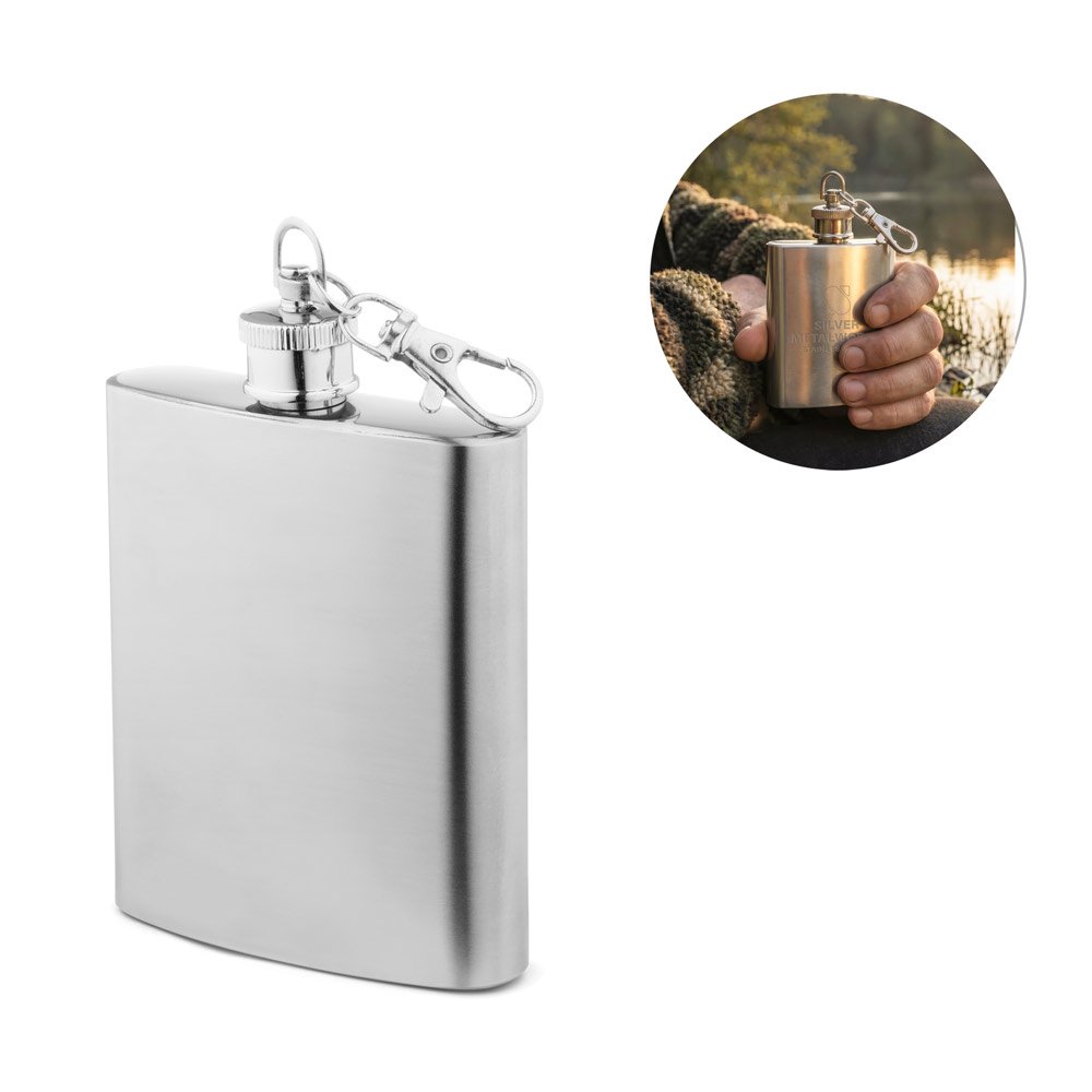 Garrafa de bolso em aço inox (100 mL) SP-94437-127 na cor Cromado satinado