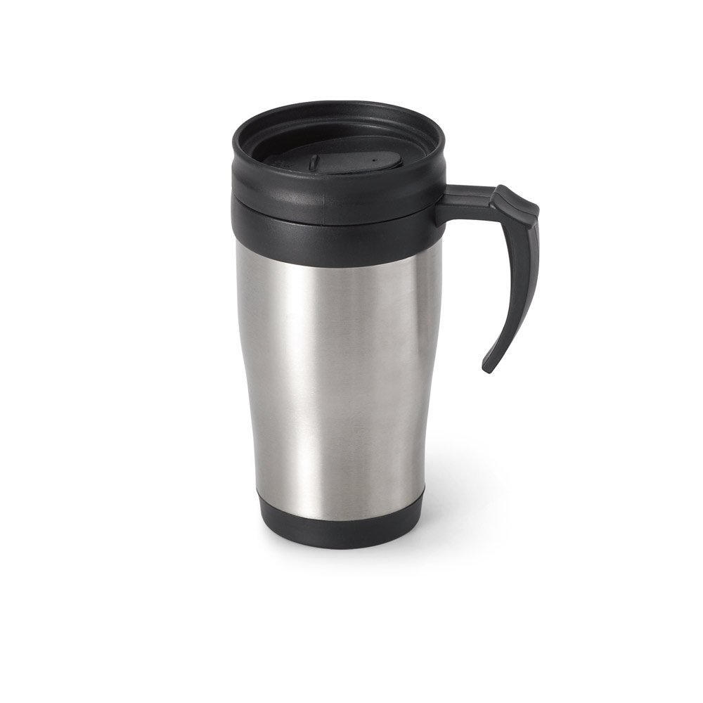 Caneca de viagem térmica de aço inox e PP, de parede dupla isolada a ar (420 mL) SP-94608-127 na cor Cromado satinado