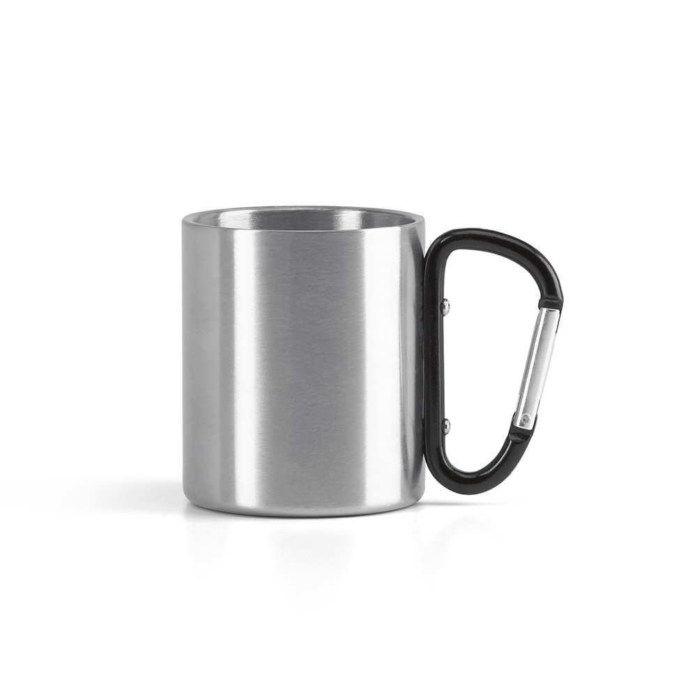 Caneca em aço inox, com pega em forma e função de mosquetão (230 mL) SP-94614-103 na cor Preto