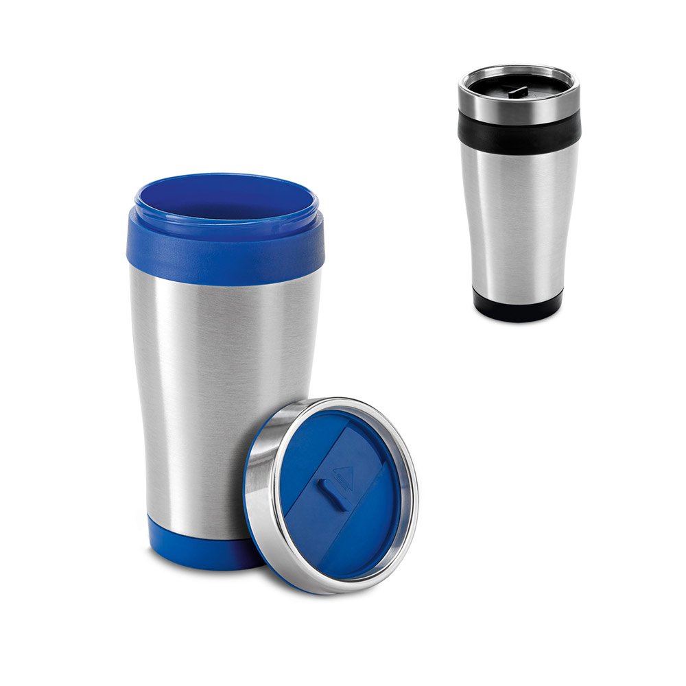 Copo de viagem em aço inox e PP, térmico com parede dupla isolada a ar (420 mL) SP-94625-103 na cor Preto