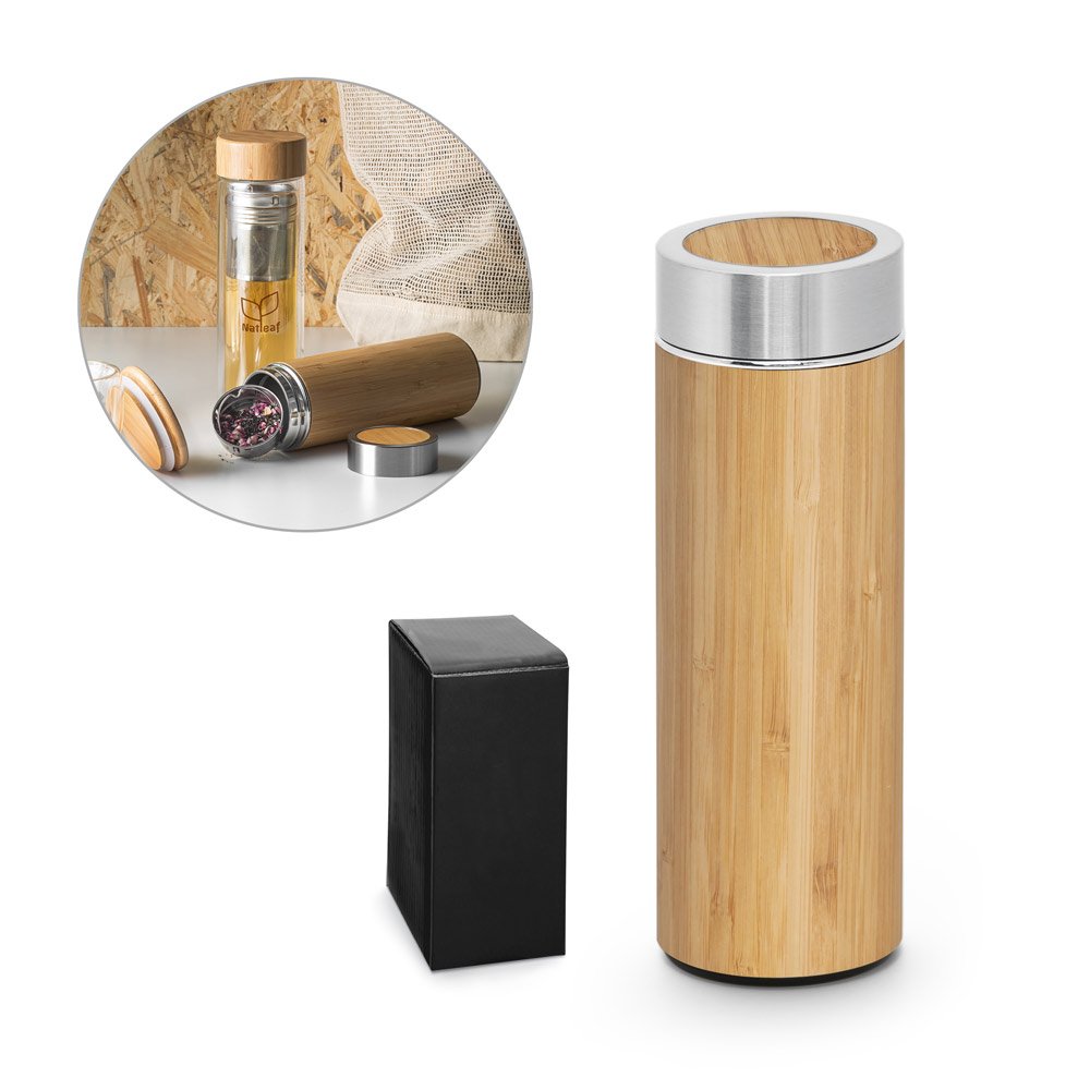 Garrafa térmica em aço inox 90% reciclado e bambu, de parede dupla isolada a vácuo (430 mL) SP-94683-160 na cor Natural