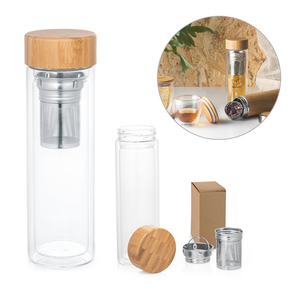 Garrafa térmica em vidro borossilicato de parede dupla isolada a ar, com 2 infusores (490 mL) SP-94765-160 na cor Natural