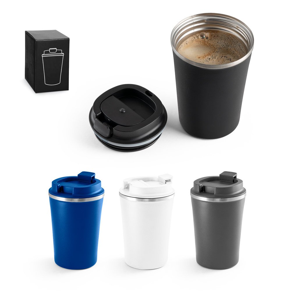 Copo de viagem térmico em aço inox e PP, de parede dupla isolada a vácuo (470 mL) SP-94772-133 na cor Cinza escuro