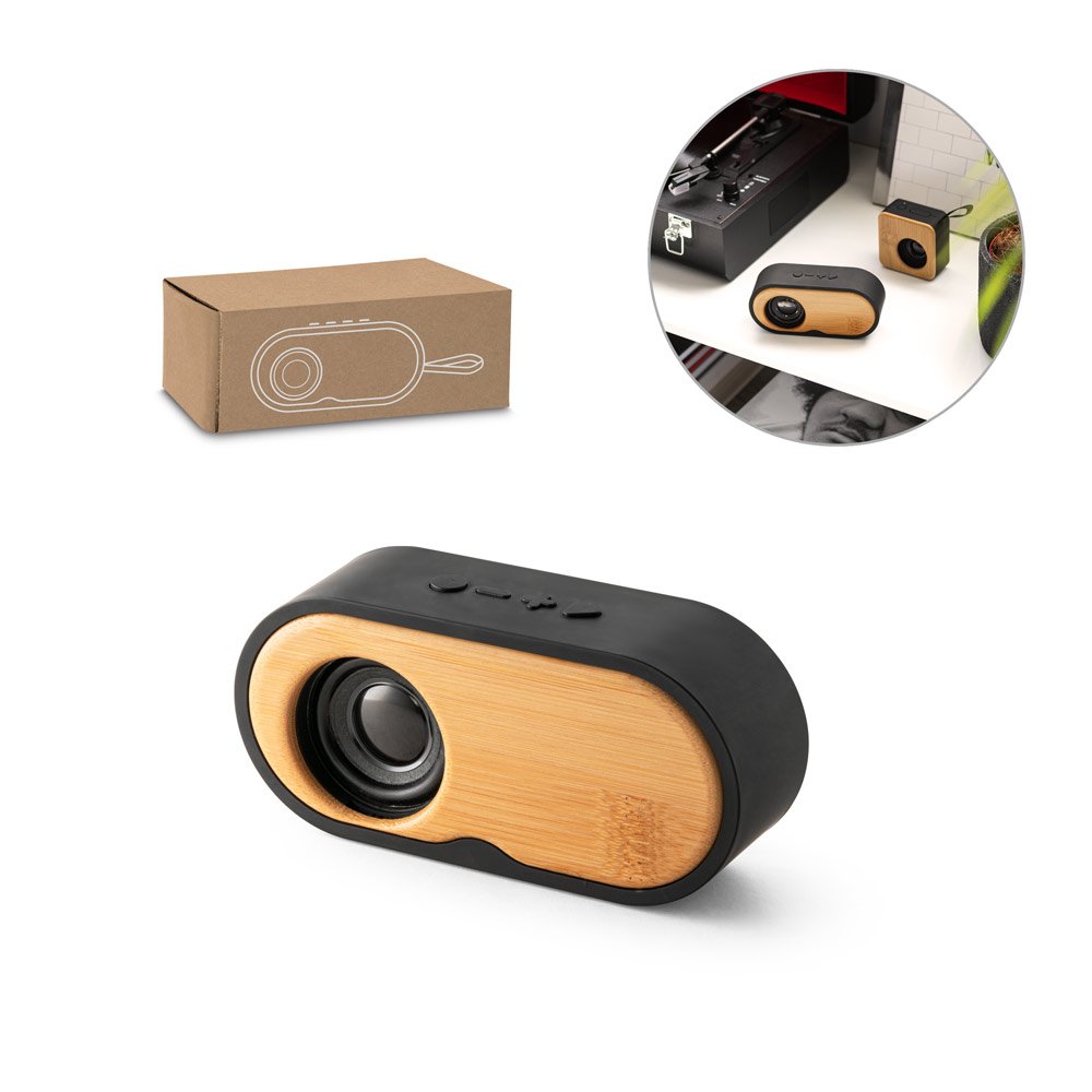 Caixa de som portátil com autonomia de 5h (1'200 mAh), em bambu e ABS 100% reciclado SP-97095-103 na cor Preto
