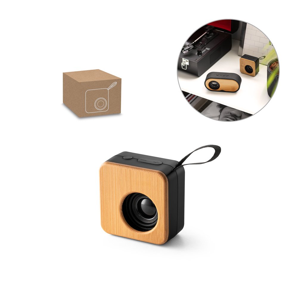 Caixa de som portátil com autonomia de 4h (500 mAh), em bambu e ABS 100% reciclado SP-97098-103 na cor Preto