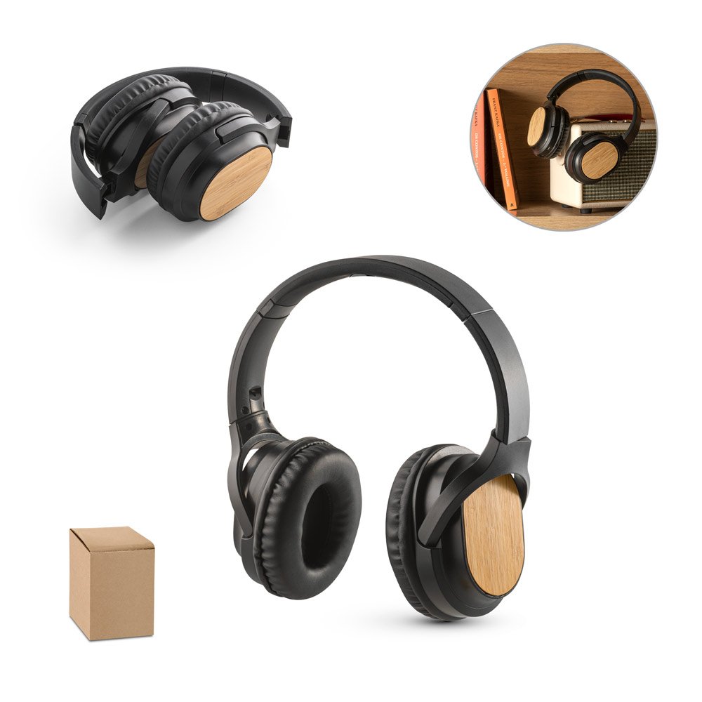 Fone de ouvido wireless com autonomia de 5h (400 mAh), em bambu e ABS SP-97126-103 na cor Preto