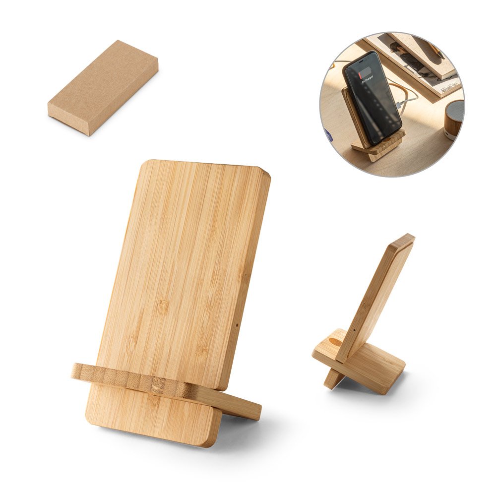 Carregador por indução super-rápido e suporte em bambu para smartphone (15 W) SP-97132-160 na cor Natural