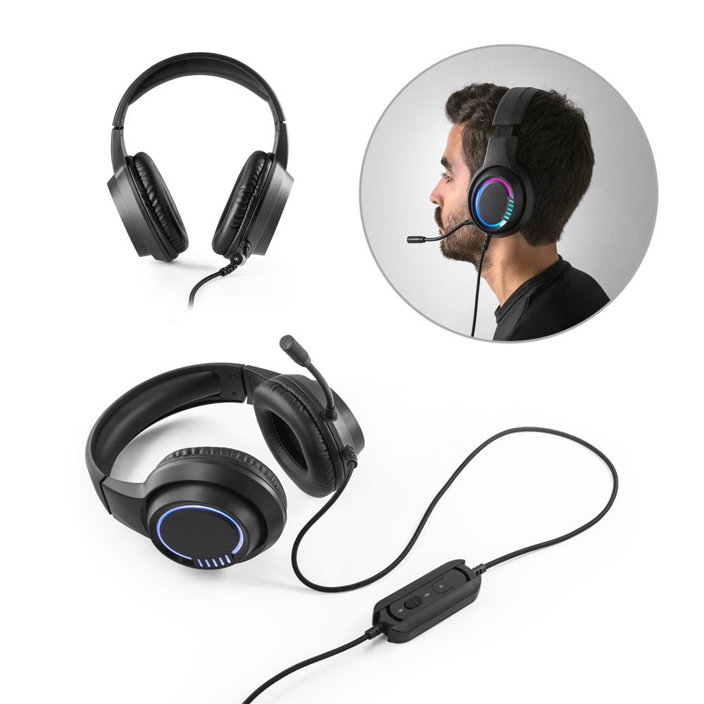 Fone de ouvido para gaming com luzes RGB e microfone de alta qualidade SP-97135-103 na cor Preto