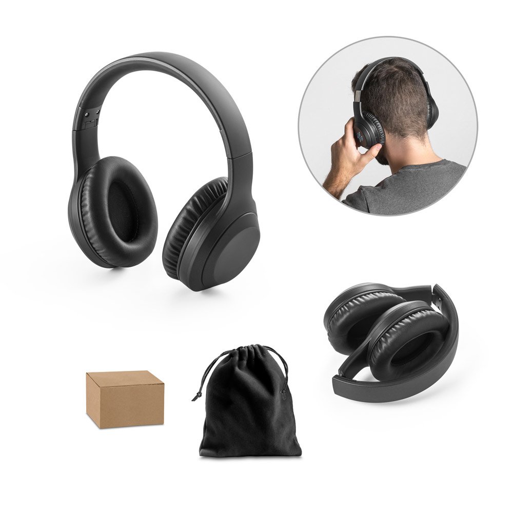 Fone de ouvido wireless dobráveis com ANC e autonomia de 15h, em ABS 100% reciclado SP-97138-103 na cor Preto