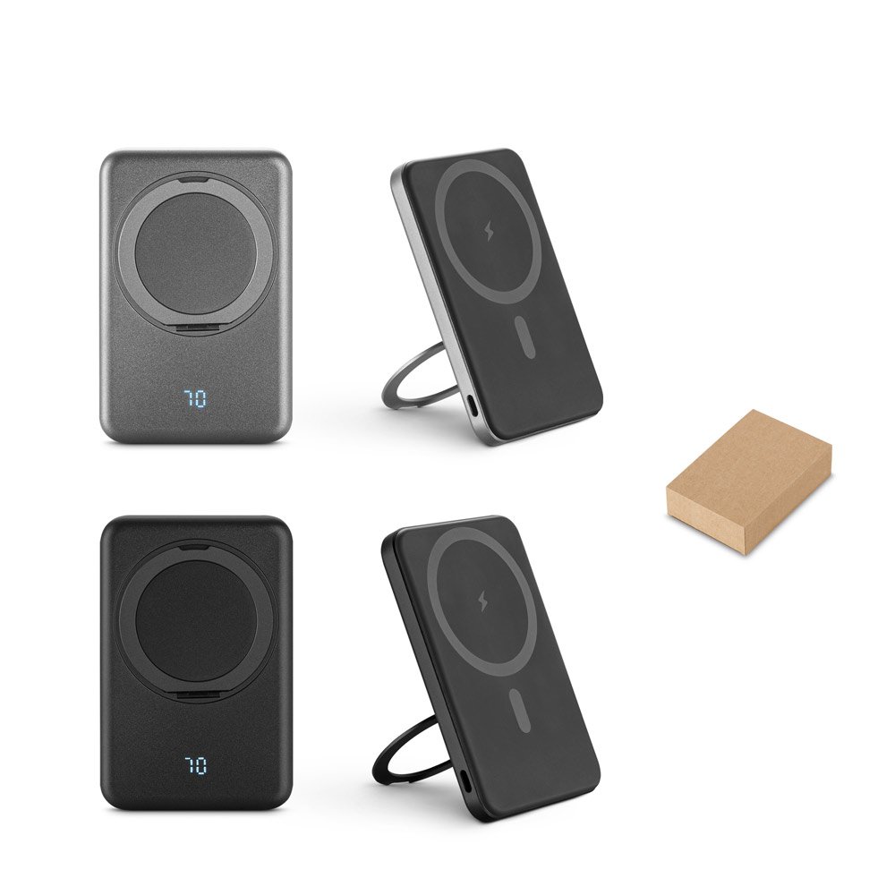 Bateria portátil magnética com carregador por indução super-rápido (5'000 mAh), em ABS 100% reciclado SP-97142-103 na cor Preto