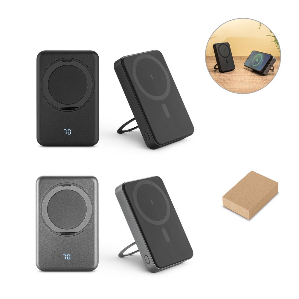 Bateria portátil magnética com carregador por indução super-rápido (10'000 mAh), em ABS 100% reciclado SP-97143-133 na cor Cinza escuro