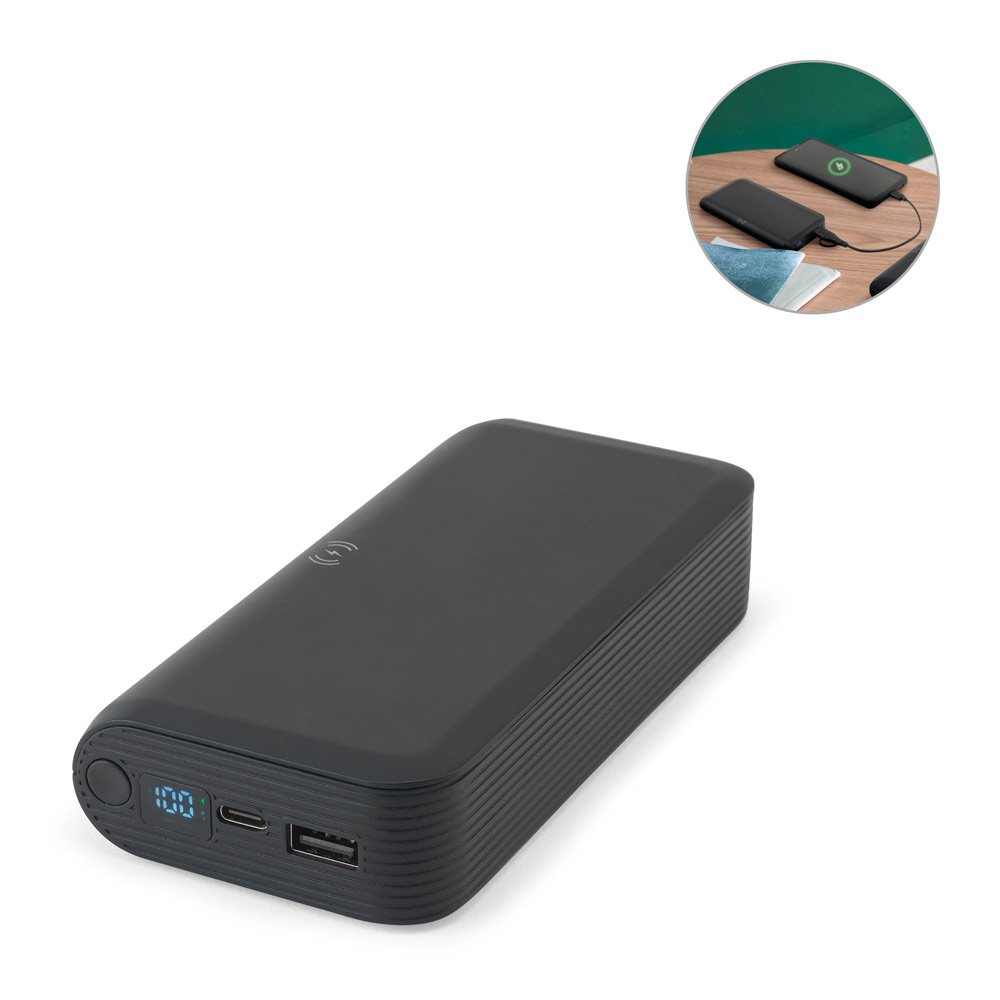 Bateria portátil com carregador por indução super-rápido (20'000 mAh), em ABS 100% reciclado SP-97144-103 na cor Preto